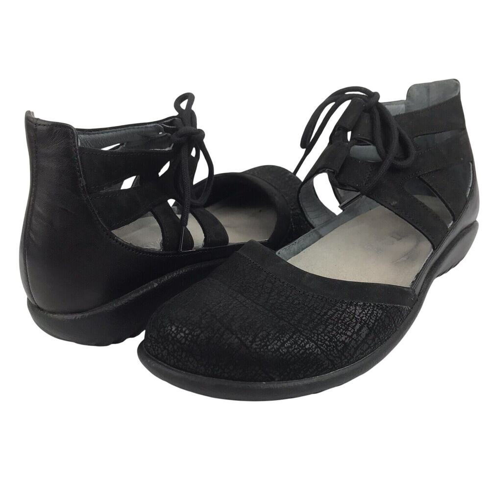 NAOT Kata Sandals Black Crackle Lace Up Ankle Strap Closed Toe Sz EU 37 US 6-6.5